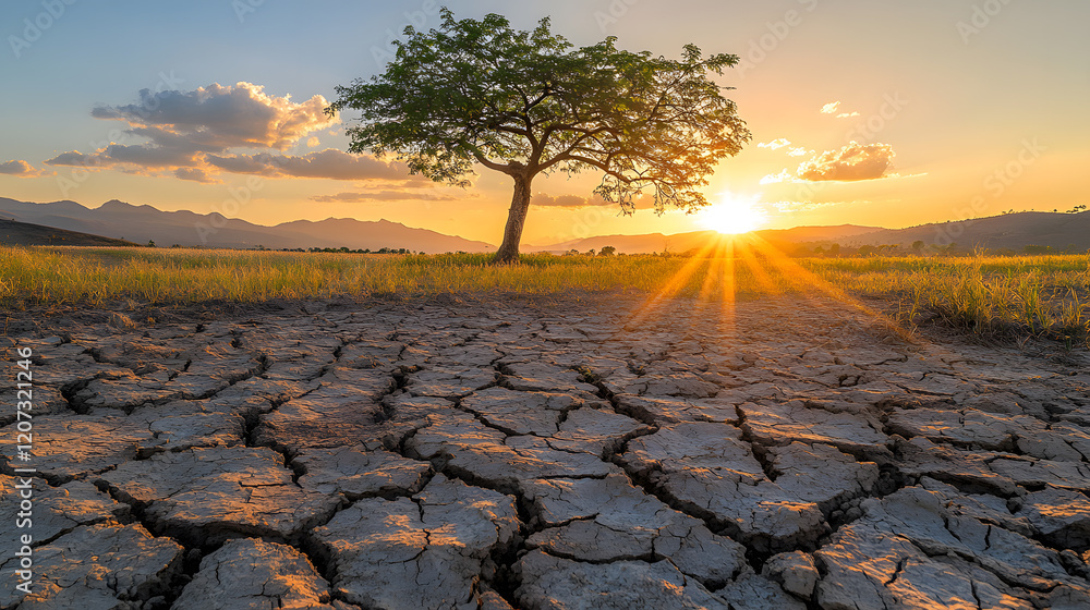 Φωτογραφία Photography of a rural area plagued by desertification, with cracked earth and a lone, dying tree under the blazing sun