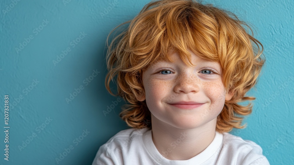 A cheerful child with curly red hair and freckles smiles brightly while standing in front of a vibrant blue wall in a well-lit indoor space A cheerful child with curly red hair and freckles smiles brightly while standing in front of a vibrant blue wall in a well-lit indoor space