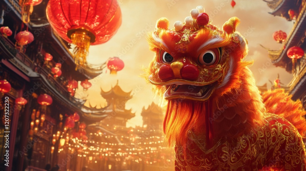 Naklejka premium Vibrant Lion Dance Performance during Chinese New Year Festival