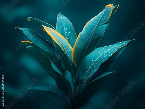 Dew-Kissed Teal Leaves: A Lush, Tropical Botanical Art Print