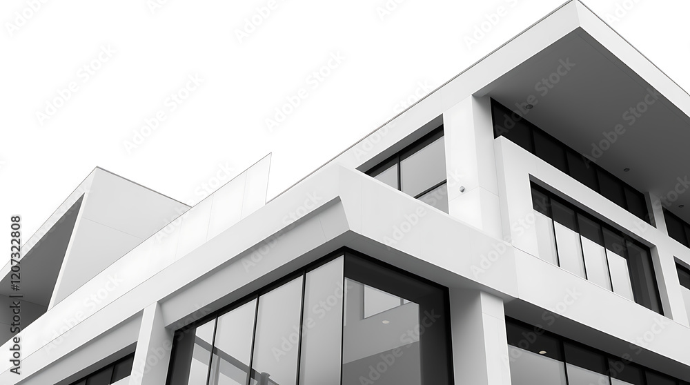 Fototapeta premium Modern Architectural Design: Sleek White Building Exterior with Geometric Shapes and Clean Lines