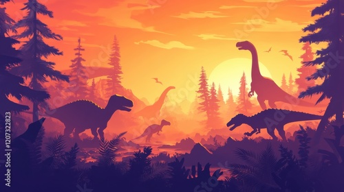 Fototapeta Naklejka Na Ścianę i Meble -  A pack of dinosaurs moving through a wild Jurassic landscape, with a mix of towering trees, volcanic activity, and ancient terrain framing their journey.