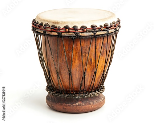 A djembe drum with a light tan head and a dark brown wood base sits in isolation against a white background. photo