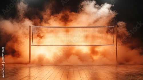 An ethereal volleyball court framed by swirling smoke, presenting a surreal environment full of energy and potential, ready for an exciting match to begin.