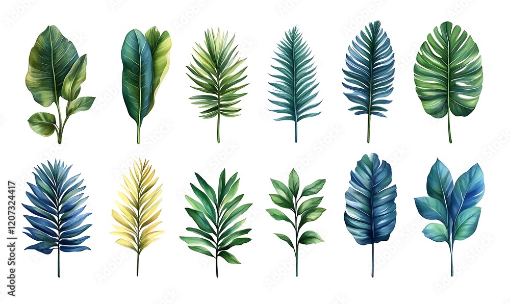 Fototapeta premium Tropical Leaf Collection: A Watercolor Study of Lush Greenery