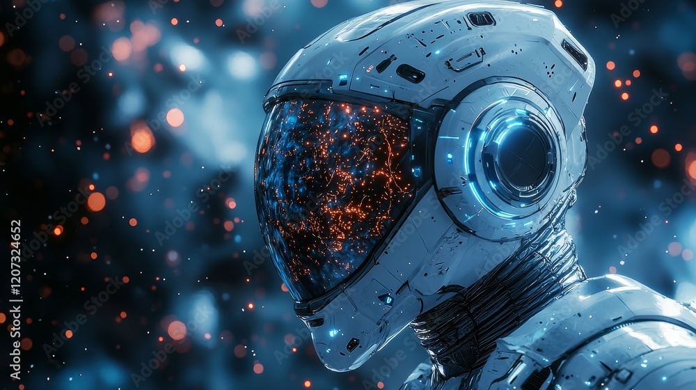 Fototapeta premium Futuristic astronaut with a reflective helmet showcasing a starry visual and vibrant cosmic elements in a deep space setting