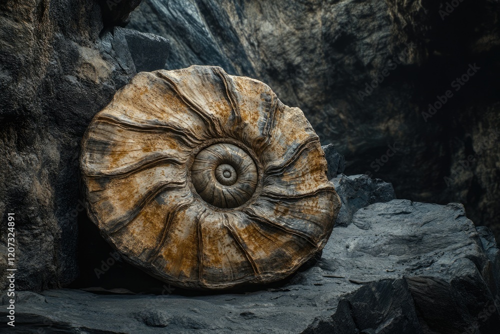 Ancient ammonite fossil rests on dark rocks, showcasing intricate spiral and texture. Ancient ammonite fossil rests on dark rocks, showcasing intricate spiral and texture.