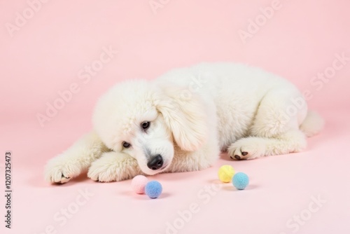A fluffy white poodle lying down on a soft pink background, with its head resting on its paws. There are a few colorful balls scattered around, adding a playful touch
