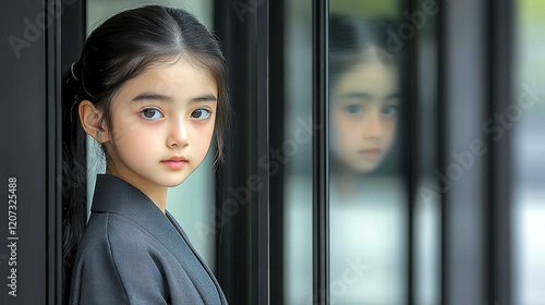 A young girl stands stylishly near reflective glass surfaces, wearing a modern outfit that harmonizes with the contemporary urban environment. Her calm demeanor adds to the atmosphere Free Download A young girl stands stylishly near reflective glass surfaces, wearing a modern outfit that harmonizes with the contemporary urban environment. Her calm demeanor adds to the atmosphere - GFXLoad