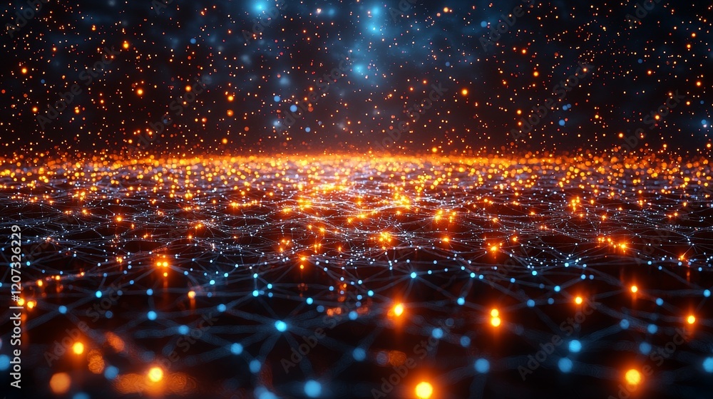 Obraz premium Abstract representation of a vibrant digital landscape filled with glowing nodes and interconnected lines in a cosmic setting