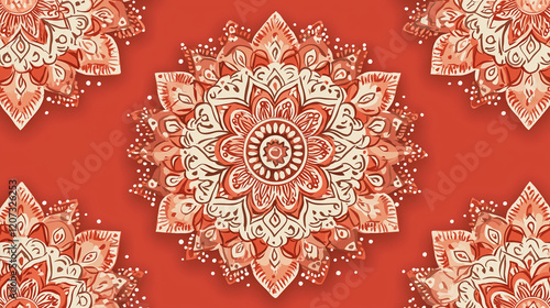A seamless boho chic mandala pattern featuring intricate geometric designs and soft earthy tones. The mandalas are highly detailed with a hand-drawn feel, creating a calming and spiritual atmosphere.