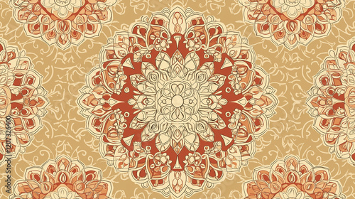A seamless boho chic mandala pattern featuring intricate geometric designs and soft earthy tones. The mandalas are highly detailed with a hand-drawn feel, creating a calming and spiritual atmosphere.