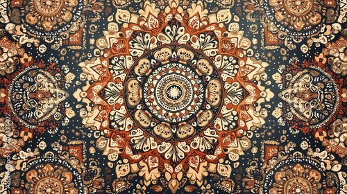 A seamless boho chic mandala pattern featuring intricate geometric designs and soft earthy tones. The mandalas are highly detailed with a hand-drawn feel, creating a calming and spiritual atmosphere.