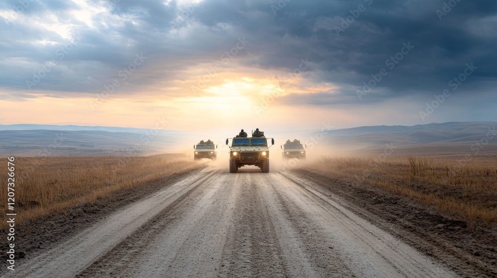 Naklejka premium Three Off-Road Vehicles Navigating a Dusty Trail Under Dramatic Sky During Sunset in a Remote Rural Landscape