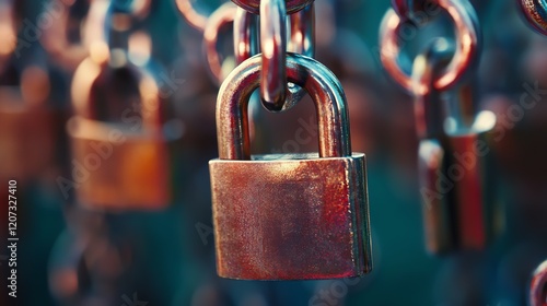 Close-up View of Metallic Padlocks Hanging on Chains in a Vibrant Outdoor Setting During the Daytime