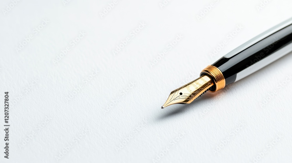 This image captures the intricate details of a fountain pen nib resting against a textured white background, reflecting the craftsmanship and quality of writing instruments. This image captures the intricate details of a fountain pen nib resting against a textured white background, reflecting the craftsmanship and quality of writing instruments.