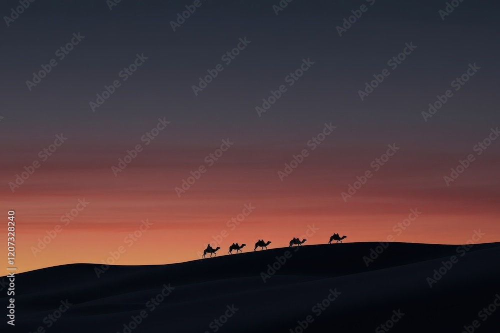 Camels walking in silhouette across sand dunes during sunset, showcasing desert landscapes and travel adventures in arid environments with vibrant skies. Camels walking in silhouette across sand dunes during sunset, showcasing desert landscapes and travel adventures in arid environments with vibrant skies.