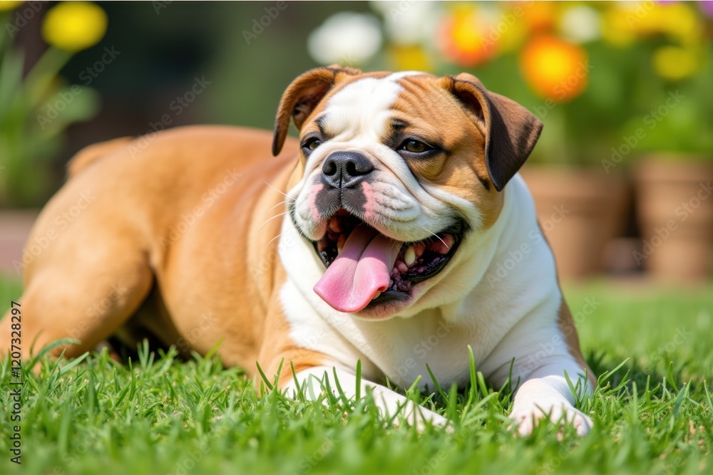 A playful bulldog rolls on the grass, enjoying the warm sun on a bright day. Surrounding flowers and trees add a colorful backdrop to this joyful scene A playful bulldog rolls on the grass, enjoying the warm sun on a bright day. Surrounding flowers and trees add a colorful backdrop to this joyful scene