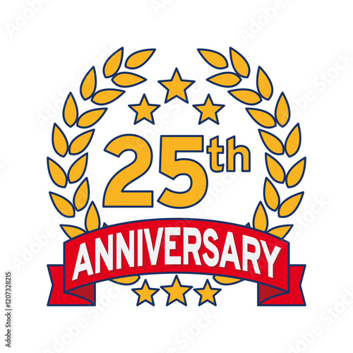 Vector illustration of 25th or 25 years anniversary logo featuring a laurel wreath, stars, and ribbon. Perfect for marking milestones, achievements, special events with an elegant and timeless desi