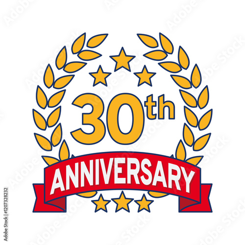 Vector illustration of 30th or 30 years anniversary logo featuring a laurel wreath, stars, and ribbon. Perfect for marking milestones, achievements, special events with an elegant and timeless design