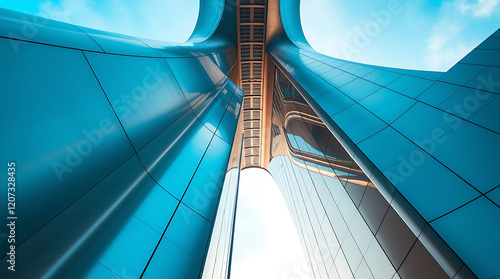 Modern Architectural Design: A Study in Blue Steel and Glass. The building's sleek, curved lines and reflective surfaces create a stunning visual effect against the bright sky.