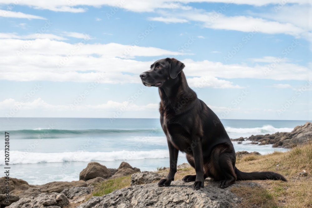 A sleek black Labrador retriever sits confidently on a rocky beach, gazing at the waves. The bright sun shines overhead, adding a vibrant glow to the scenery A sleek black Labrador retriever sits confidently on a rocky beach, gazing at the waves. The bright sun shines overhead, adding a vibrant glow to the scenery