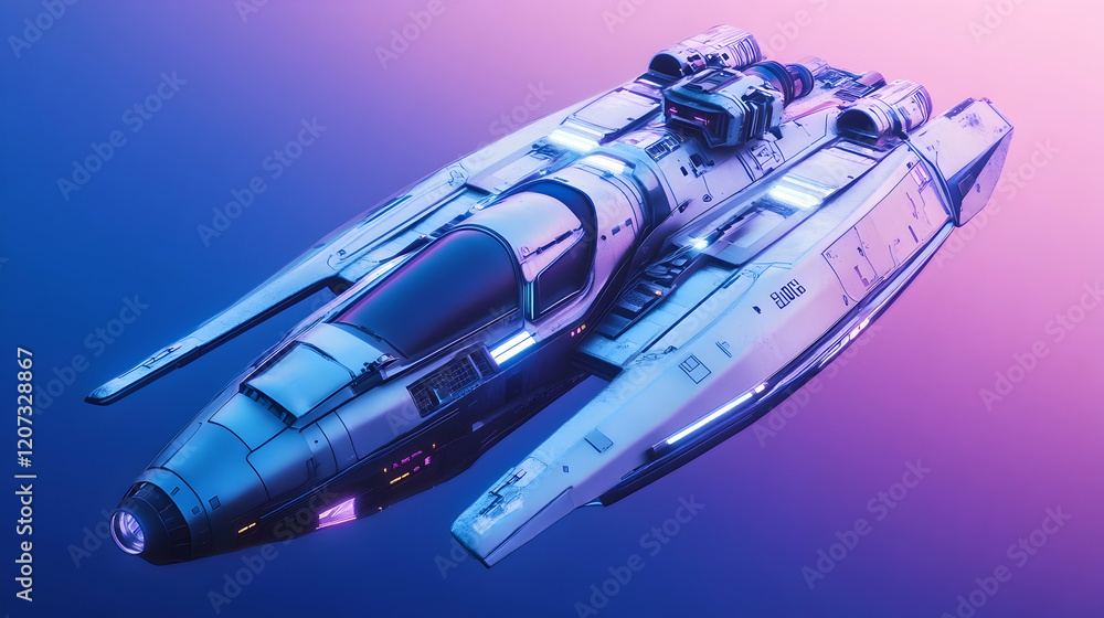 Futuristic Spaceship Render With Neon Lights And Sleek Design Flying Against A Vibrant Blue And Pink Background. Generative AI