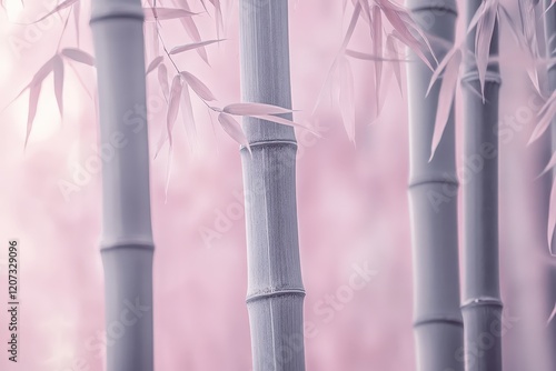 Bamboo stalks in soft pink background, representing tranquility and nature. Ideal for wellness, relaxation, meditation themes in interior design and landscaping. photo