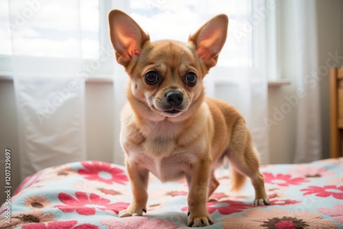 A tiny Chihuahua stands proudly on a colorful blanket, its big ears perked up in alertness. Soft light filters through the window, creating a cozy and warm environment photo