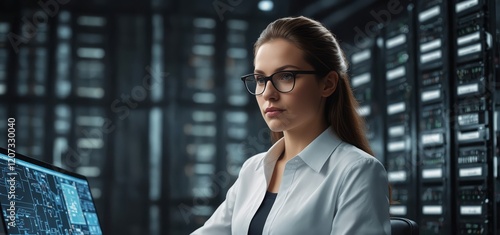 A high-tech 3D environment featuring a female chief technology officer managing cloud computing operations