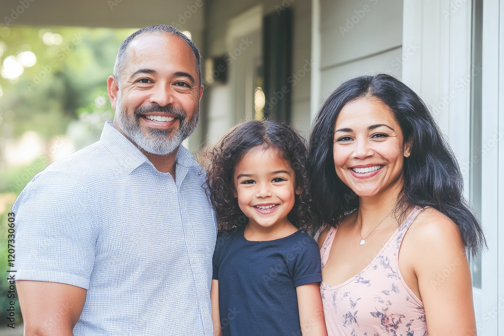Happy family of three smiling outdoors in front of their home, symbolizing love, unity, and togetherness. Happy family of three smiling outdoors in front of their home, symbolizing love, unity, and togetherness.