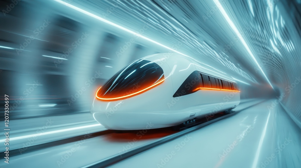 A sleek, white train glides effortlessly through a modern passageway, embodying the essence of speed, innovation, and the future of urban transportation systems. A sleek, white train glides effortlessly through a modern passageway, embodying the essence of speed, innovation, and the future of urban transportation systems.