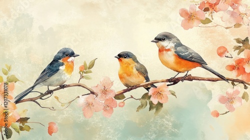 Watercolor birds on blossom branch, spring garden, home decor