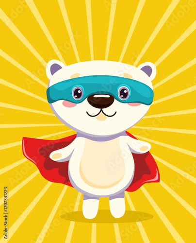 Polar bear super hero on yellow background. Vector cartoon children's illustration