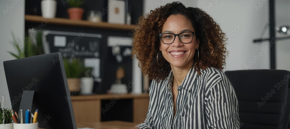 Fototapeta premium A joyful biracial businesswoman smiling at the camera while sitting at her desk in a modern home office,