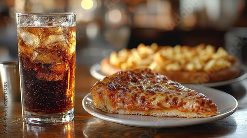 Food photography in a fast food advertisement theme with a gas station’s pizza slice and icy coke