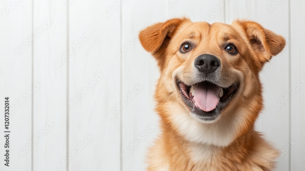 A golden dog displays a joyful expression while posing against a rustic wooden wall, perfectly capturing the warmth and joy that pets bring to our lives. A golden dog displays a joyful expression while posing against a rustic wooden wall, perfectly capturing the warmth and joy that pets bring to our lives.