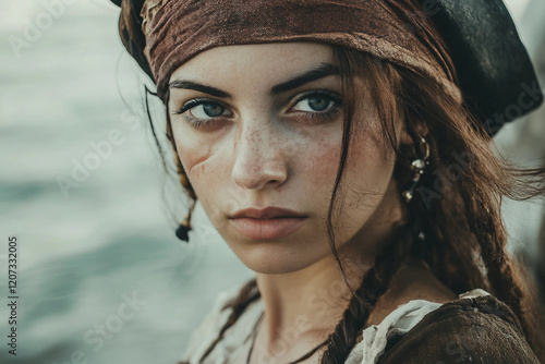 An attractive woman in a pirate costume ai generative design photo