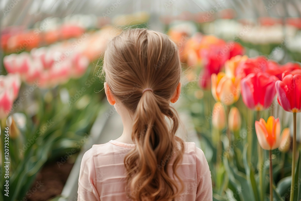 Naklejka premium Generative AI Image of a Person Surrounded by Vibrant Tulips in a Greenhouse Garden