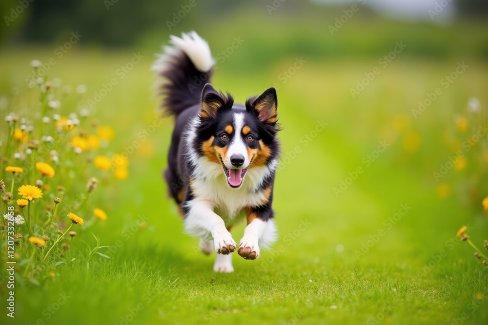 A spirited Australian shepherd runs through a field, its tail wagging happily as it chases butterflies. The bright green grass and colorful flowers make the scene lively and cheerful A spirited Australian shepherd runs through a field, its tail wagging happily as it chases butterflies. The bright green grass and colorful flowers make the scene lively and cheerful
