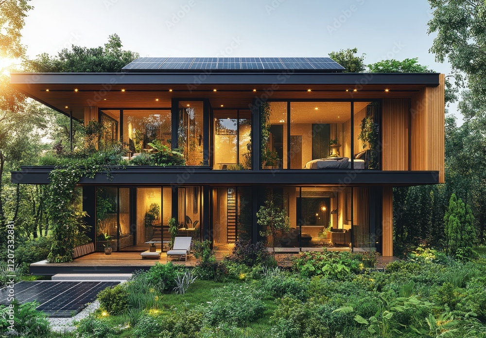 Modern home with solar panels on roof surrounded by lush greenery Modern home with solar panels on roof surrounded by lush greenery