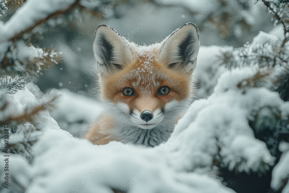 Adorable red fox kit peeking from snowy winter bushes, captivating eyes. Adorable red fox kit peeking from snowy winter bushes, captivating eyes.