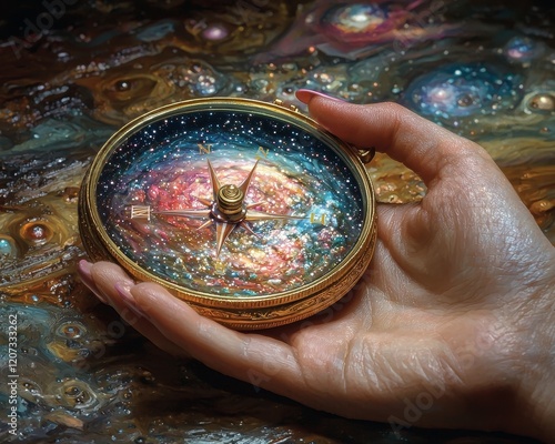 Imagine a surrealistic artwork featuring a person holding a compass that leads to their dreams, surrounded by bizarre and fantastical elements in the background photo