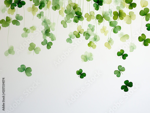 A minimalist abstract design of green shamrocks falling like rain against a white background