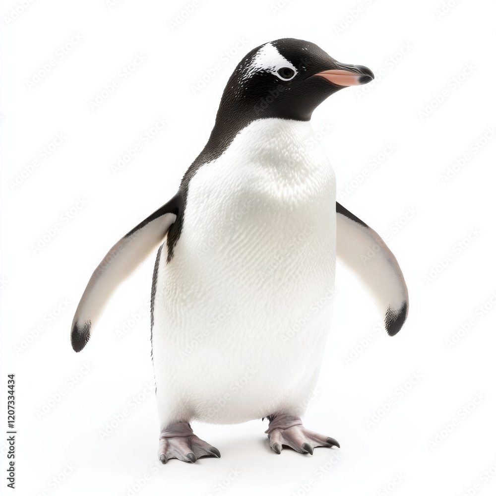 Obraz premium A playful penguin looking directly ahead, set against a simple white background, highlighting its distinctive features and natural stance.