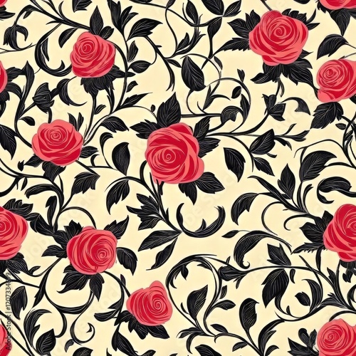 Red Roses and Black Vines on a Cream Background