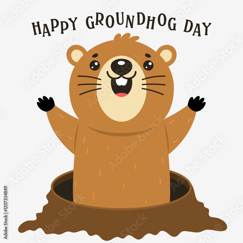 Happy groundhog day. Happy groundhog came out of the hole. Vector illustration