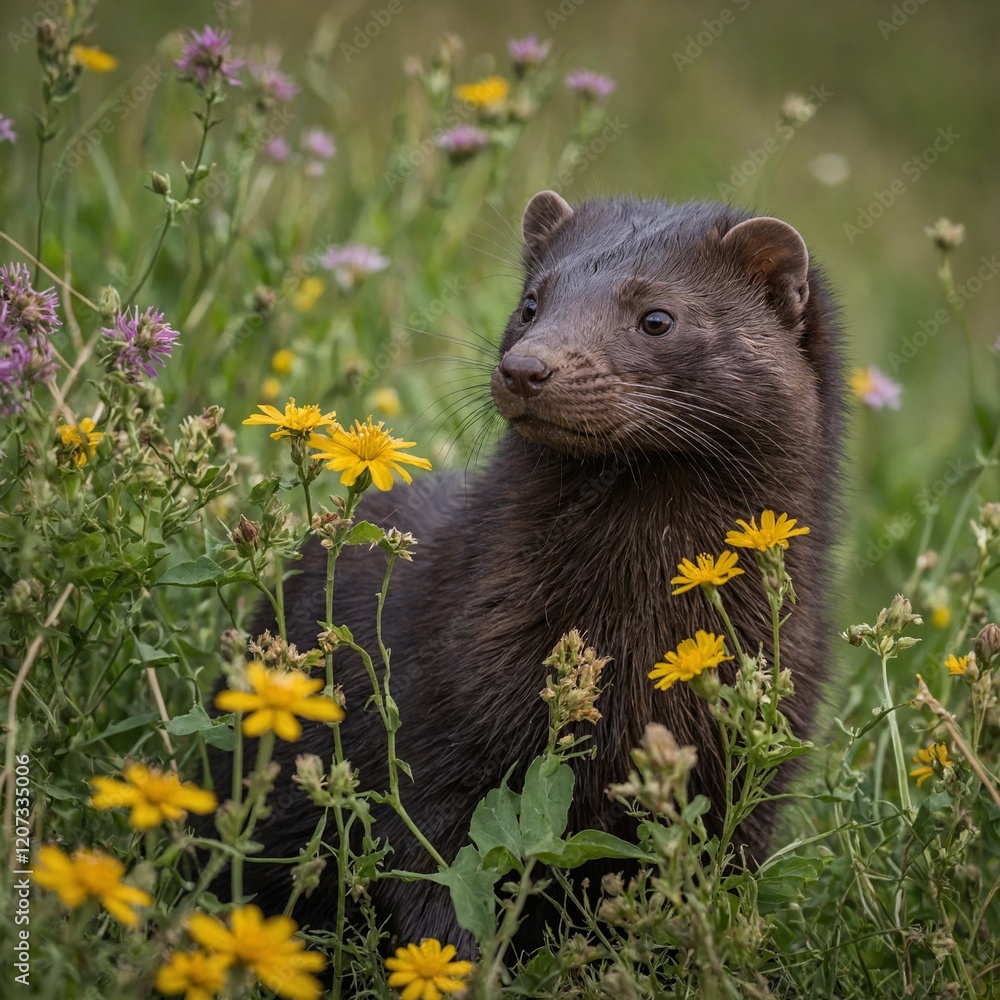Fototapeta premium A mink peeking out from behind a cluster of wildflowers, with rolling hills in the distance.