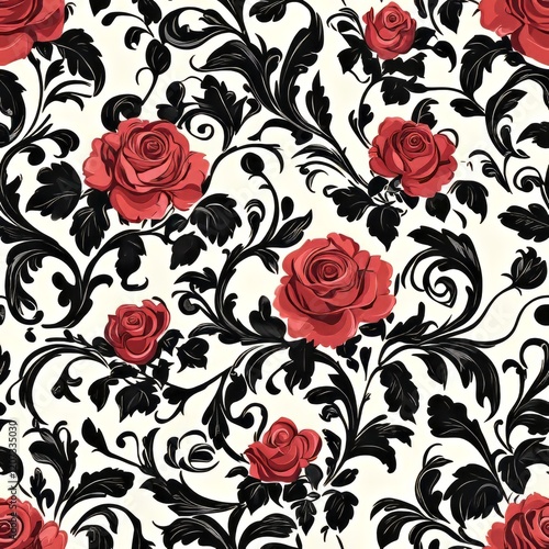 Red Roses and Black Swirling Floral Design