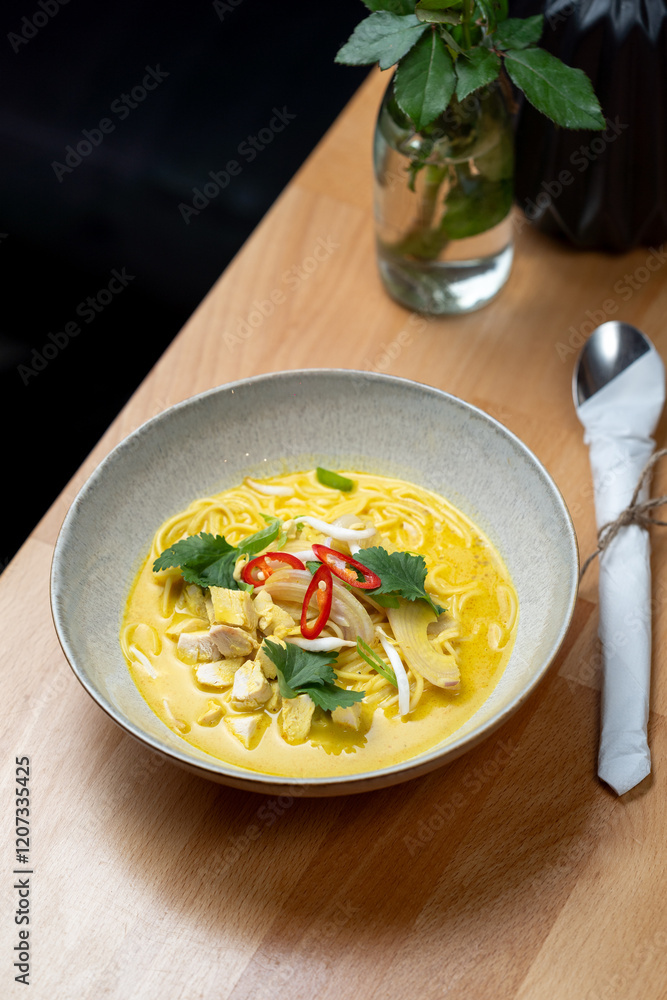 thai asian style chicken curry coconut sauce vegetable dish bistro restaurant bowl wooden table